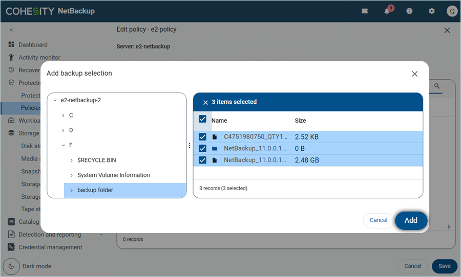 Click Add after adding pathnames in the backup selection