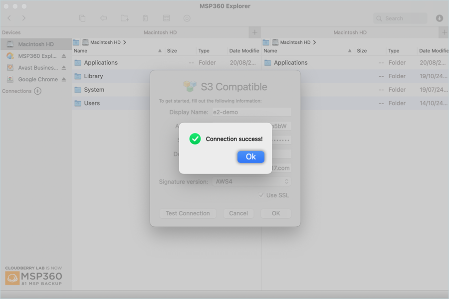 Click OK in the Connection Success window